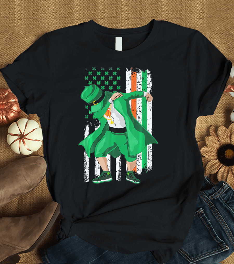 Dabbing Leprechaun with Shamrock and Irish American Flag Background T-Shirt