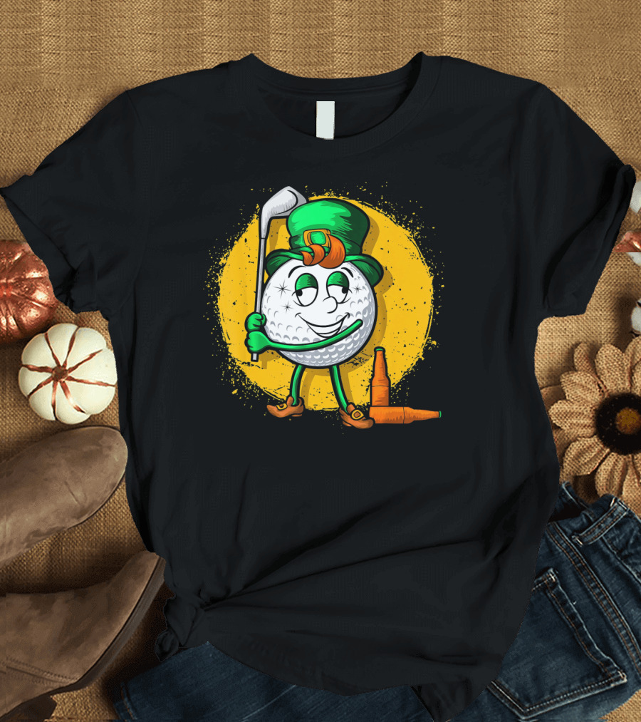 Leprechaun Golf Ball Golfer with Green Hat and Beer Bottles T-Shirt