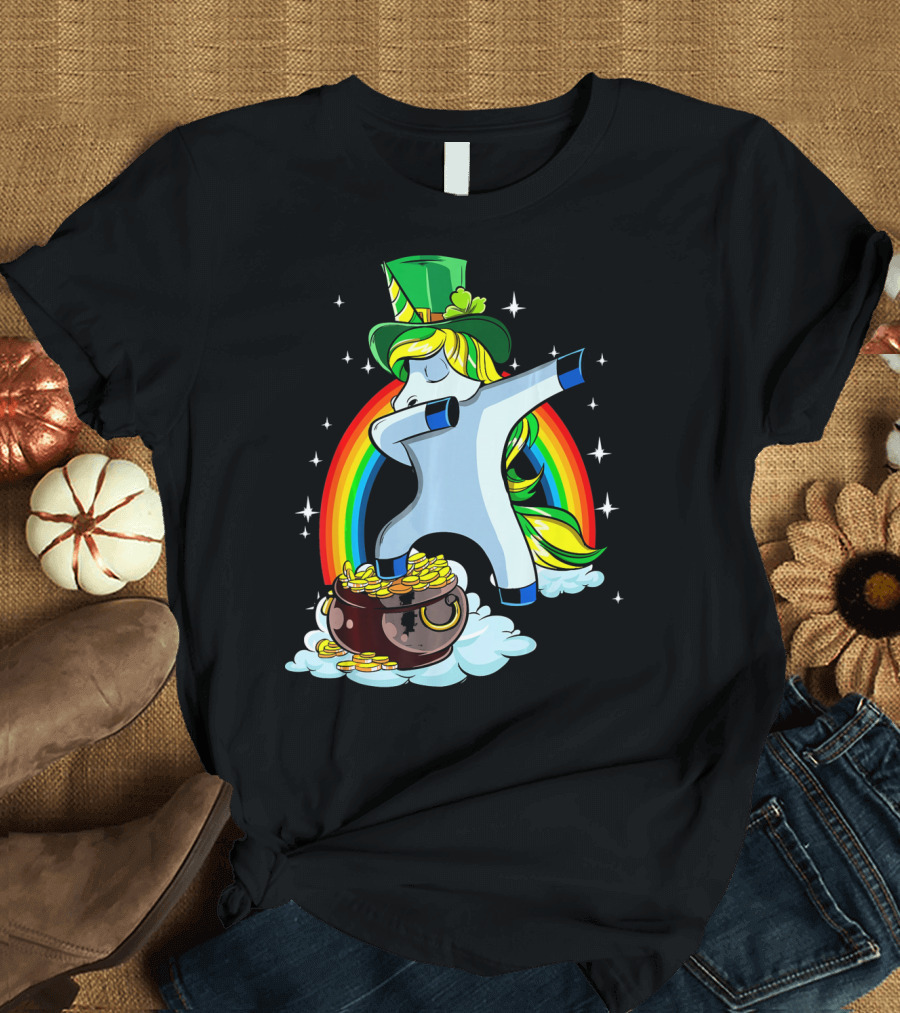St Patricks Day Dabbing Unicorn Rainbow Pot of Gold T-Shirt