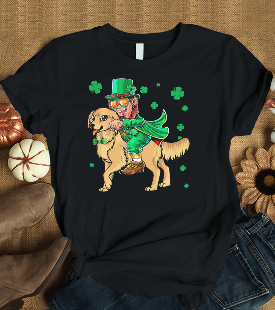 Leprechaun Riding Golden Retriever with Shamrocks T-Shirt