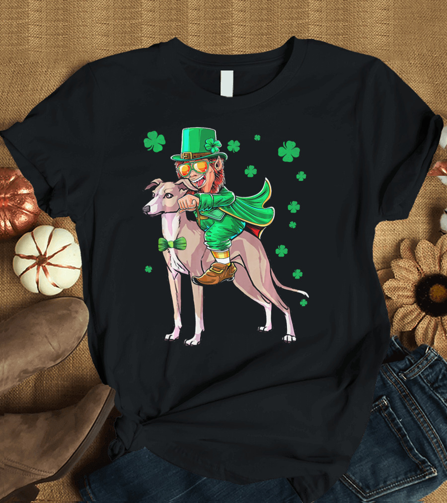 Leprechaun Riding Italian Greyhound with Shamrocks T-Shirt