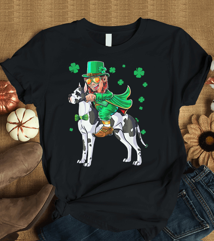 Leprechaun Riding Great Dane with Shamrocks St. Patri T-Shirt