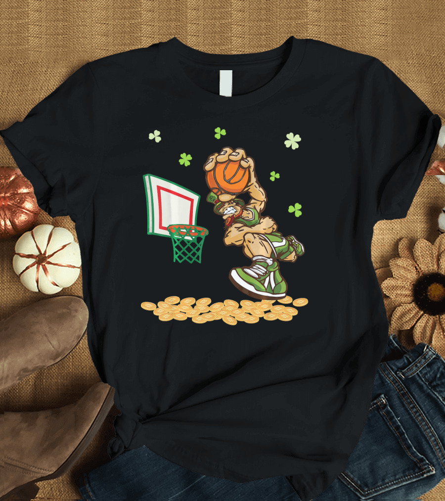 Leprechaun Dunking Basketball Surrounded by Shamrocks and Gold Coins T-Shirt