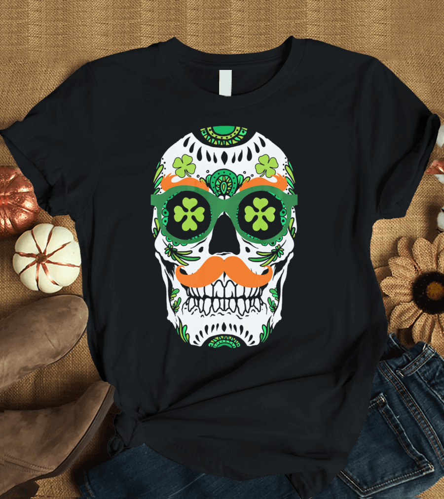 Sugar Skull Clover Mustache St. Patrick's Day T-Shirt