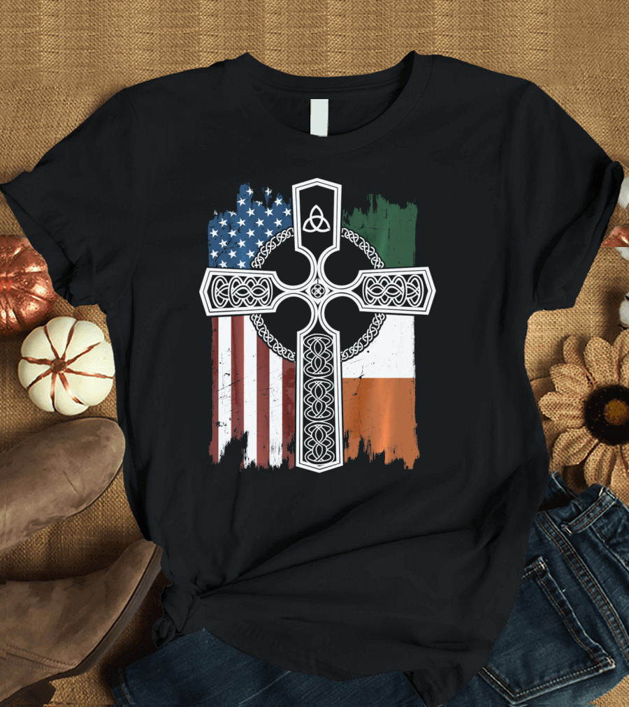 American Irish Flag Celtic Cross with Triquetra T-Shirt