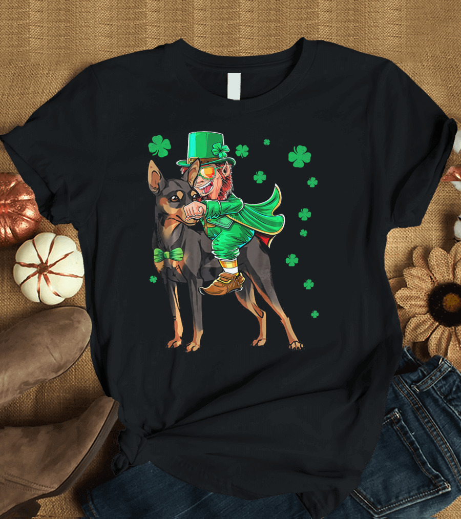 Leprechaun Miniature Pinscher Riding Shamrock Adventure T-Shirt