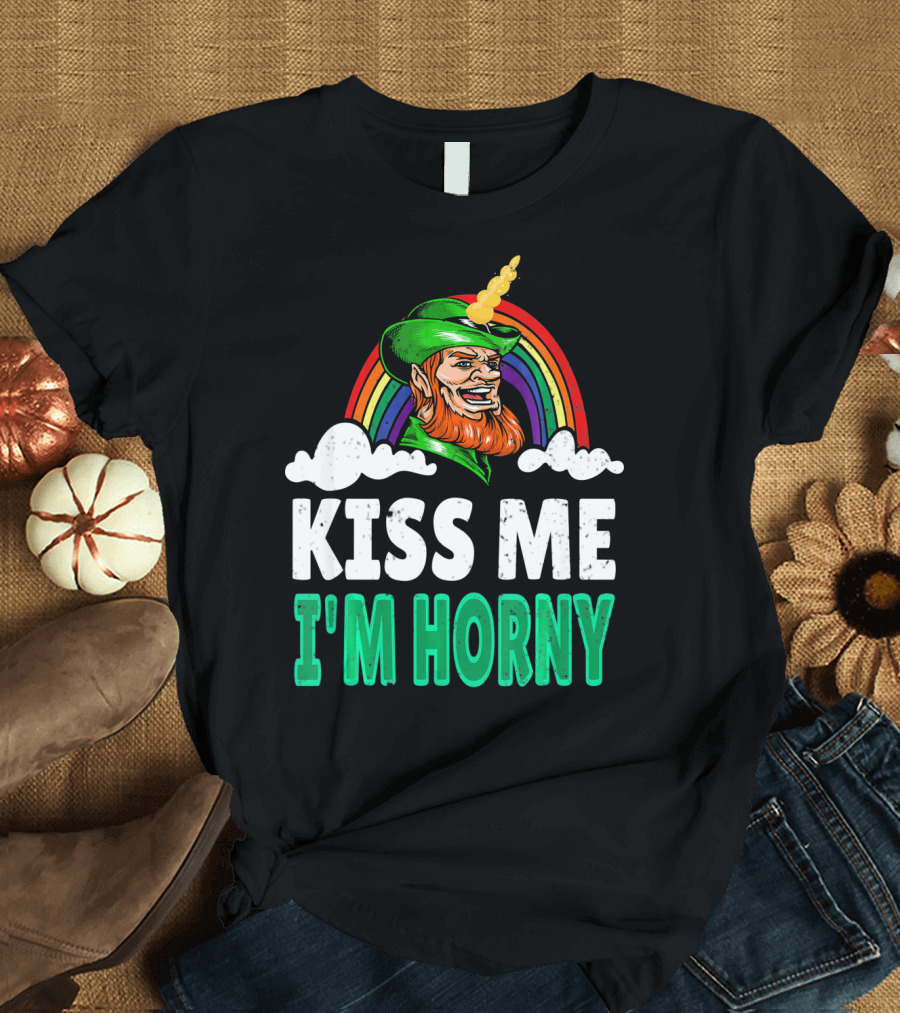 Kiss Me I'm Horny St Patricks Day Lepricorn Rainbow T-Shirt