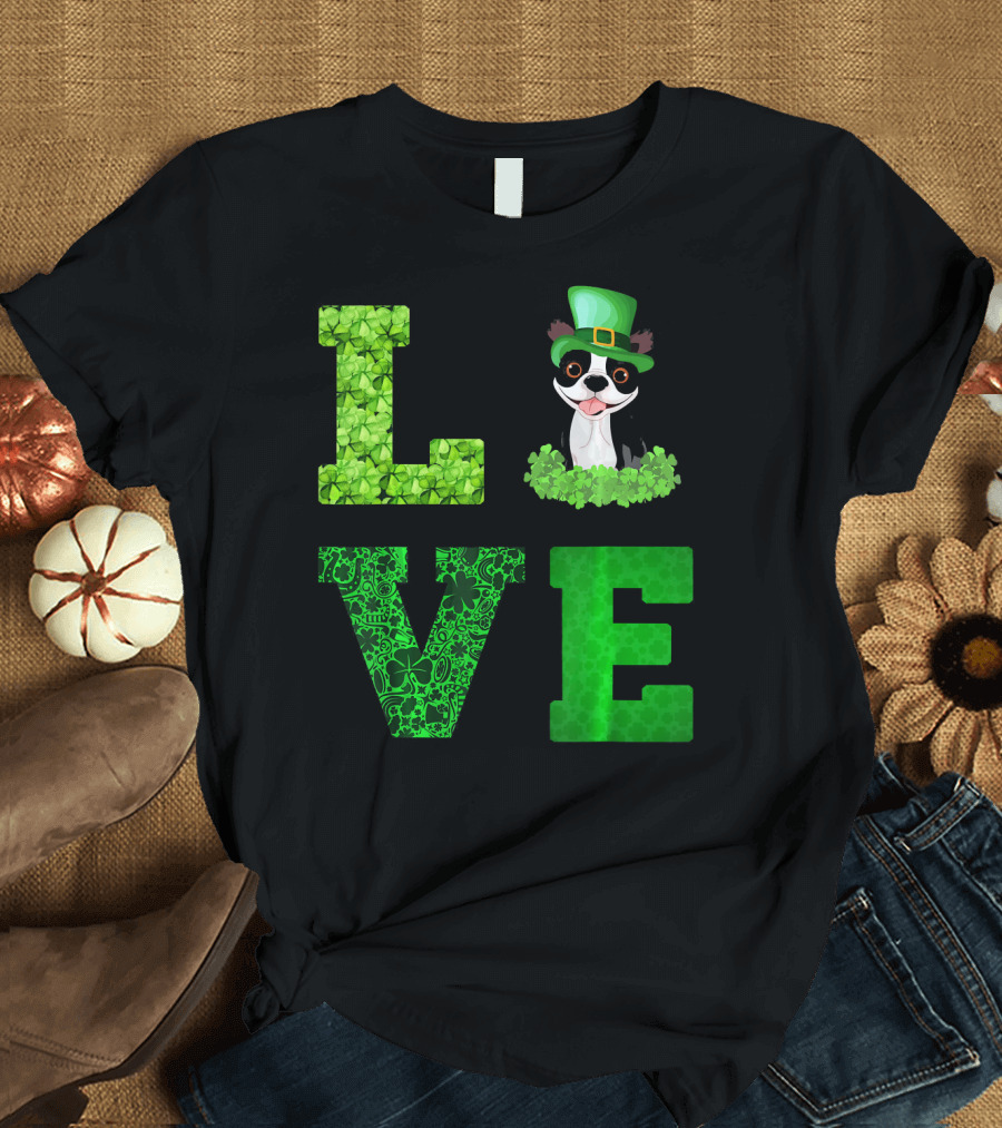 Love Boston Terrier St Patricks Day Clover Hat T-Shirt