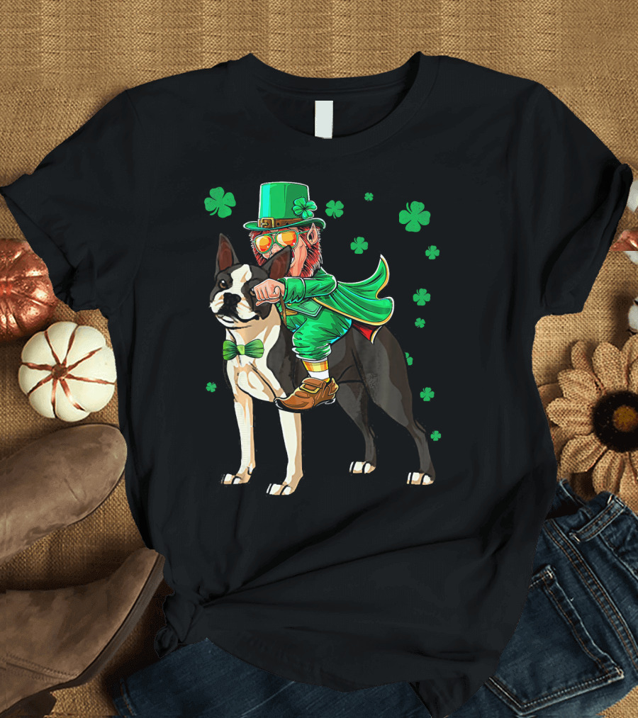Leprechaun Riding Boston Terrier with Shamrock Accents T-Shirt