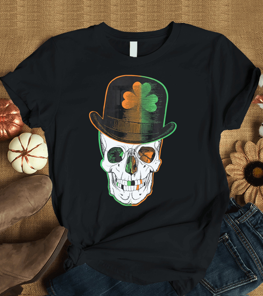 St Paddys Day Irish Leprechaun Skull Shamrock Hat T-Shirt