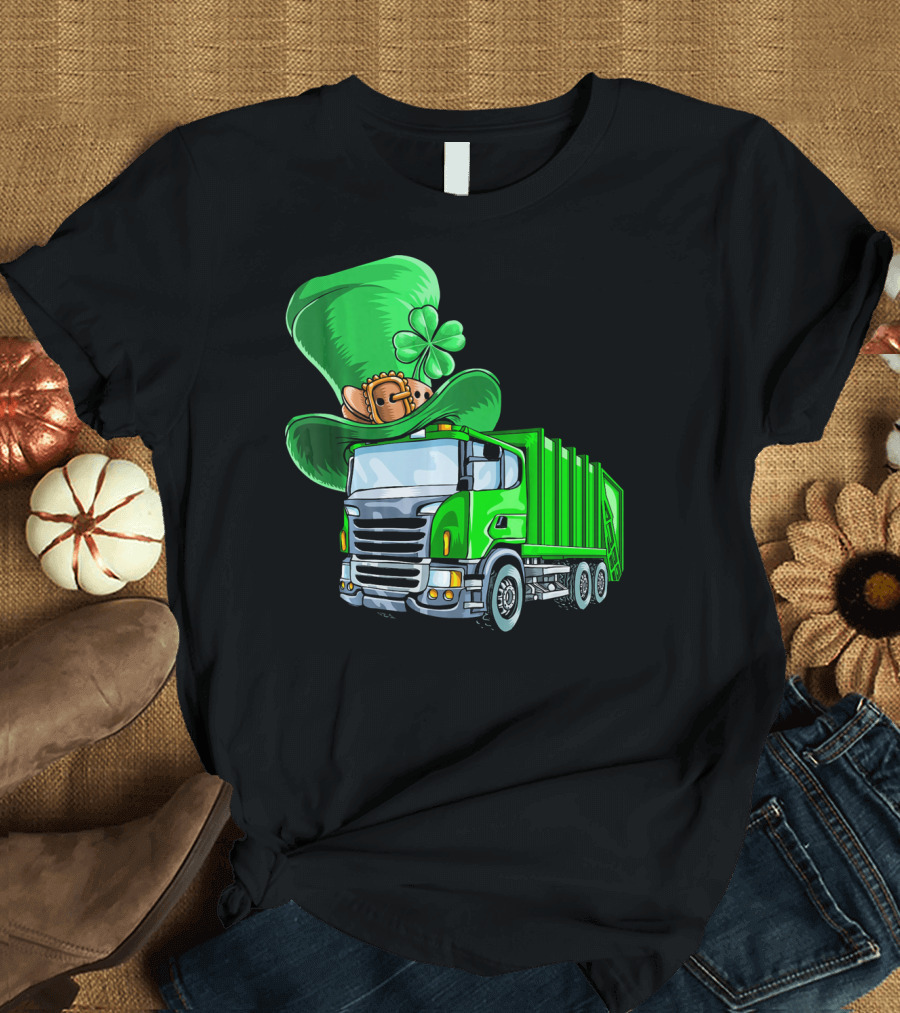 St Patricks Day Garbage Truck with Leprechaun Hat and Four-Leaf Clover T-Shirt