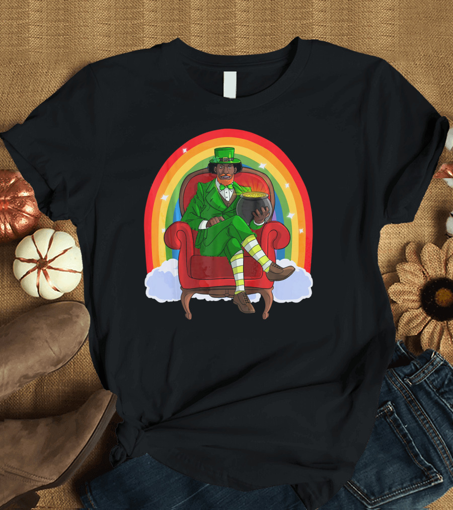 African American Leprechaun with Pot of Gold and Rainbow St. Patricks T-Shirt