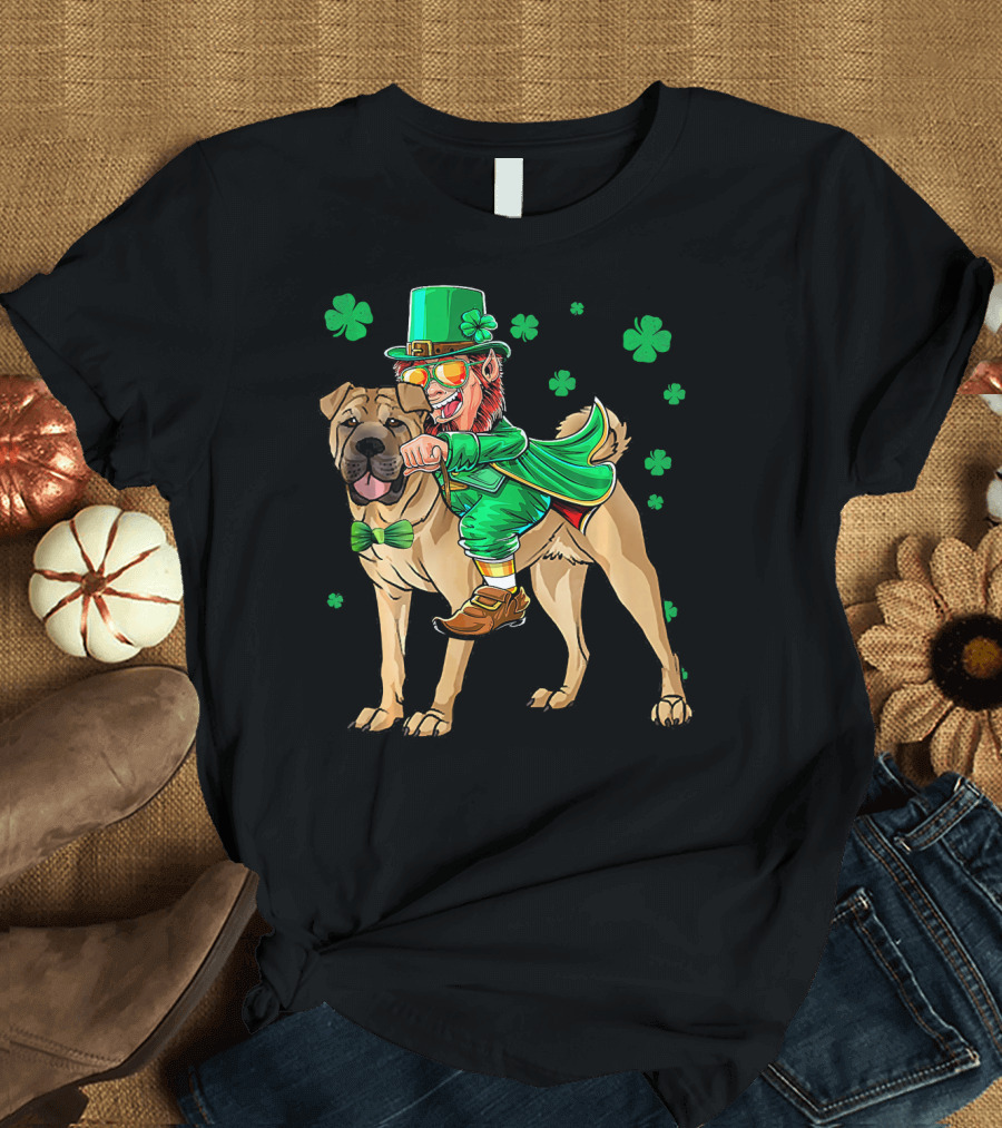 Leprechaun Riding Chinese Shar Pei with Shamrock Bowtie and Hat T-Shirt