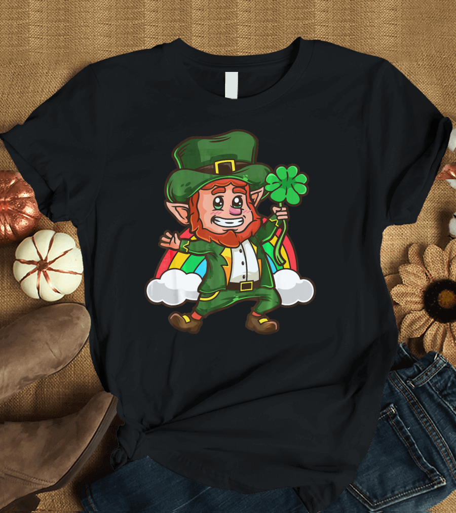 St Patricks Happy Leprechaun Holding Shamrock with Rainbow and Clouds T-Shirt