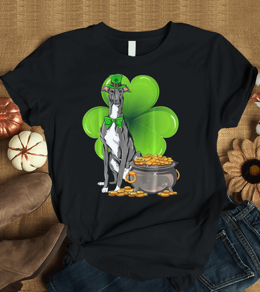 Greyhound St Patricks Day Leprechaun Dog with Shamrock and Pot of Gold T-Shirt