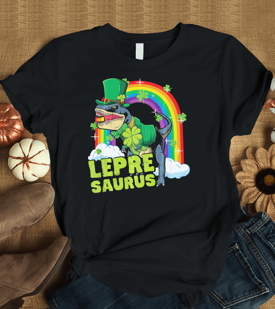 Lepresaurus Dinosaur with Shamrocks and Rainbow St Patrick's Day T-Shirt