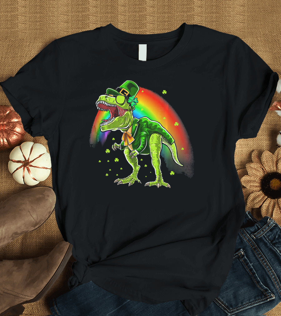 St. Patricks Day T-Rex Dinosaur Leprechaun with Rainbow and Shamrocks T-Shirt