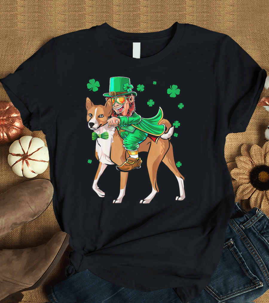 Leprechaun Riding Basenji with Shamrocks St Patricks T-Shirt