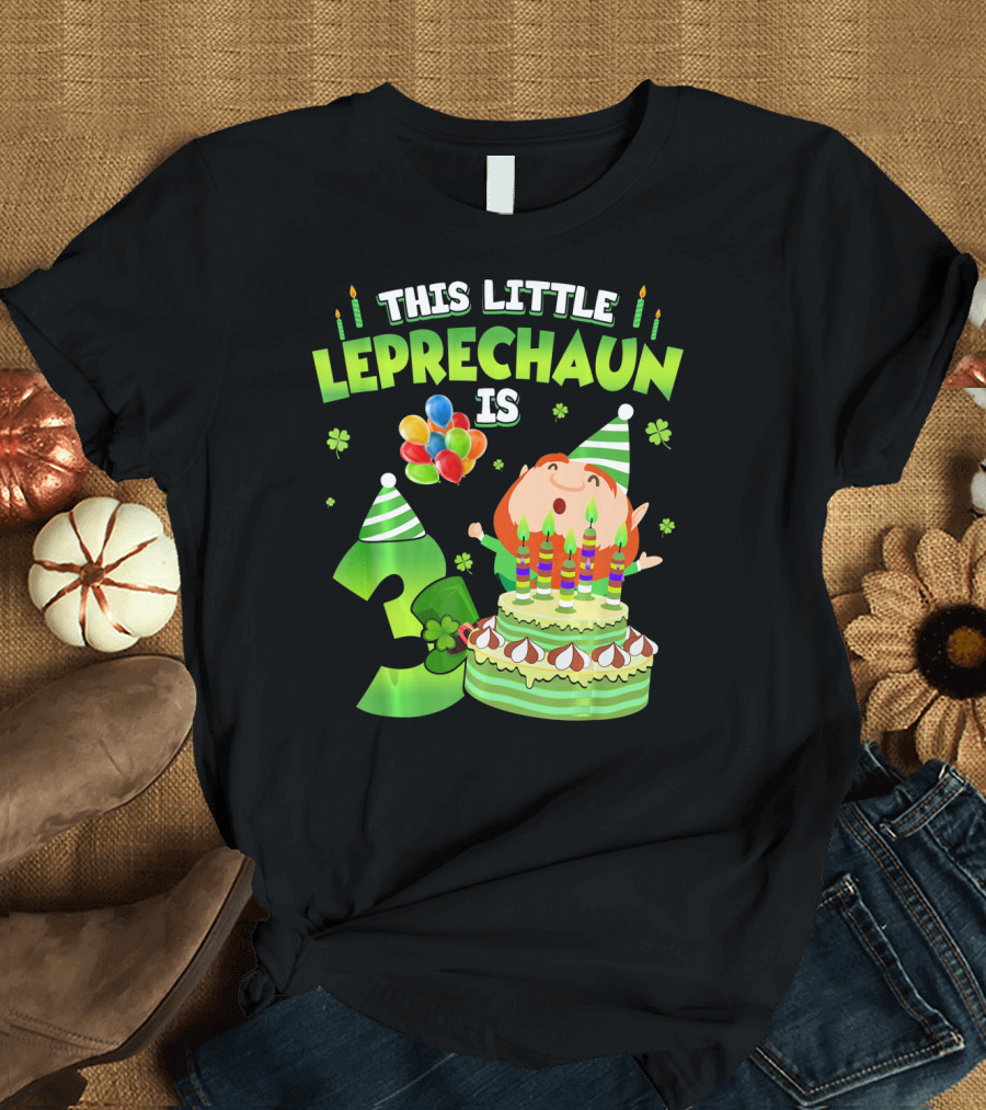 This Little Leprechaun Is 3 Birthday Celebration with Cake and Balloons T-Shirt
