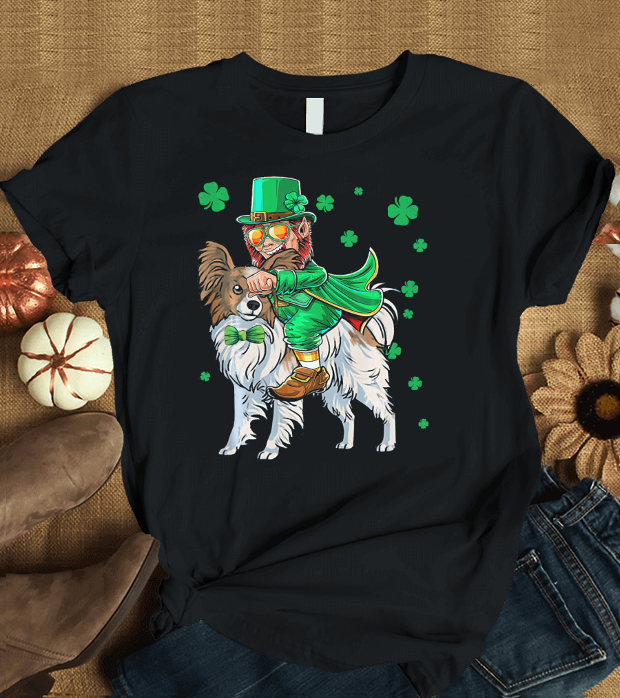 Leprechaun Riding Papillon with Shamrocks St. Patrick T-Shirt