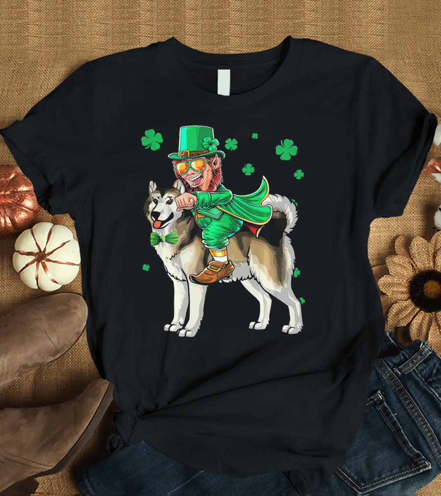 Leprechaun Riding Alaskan Malamute with Shamrocks T-Shirt