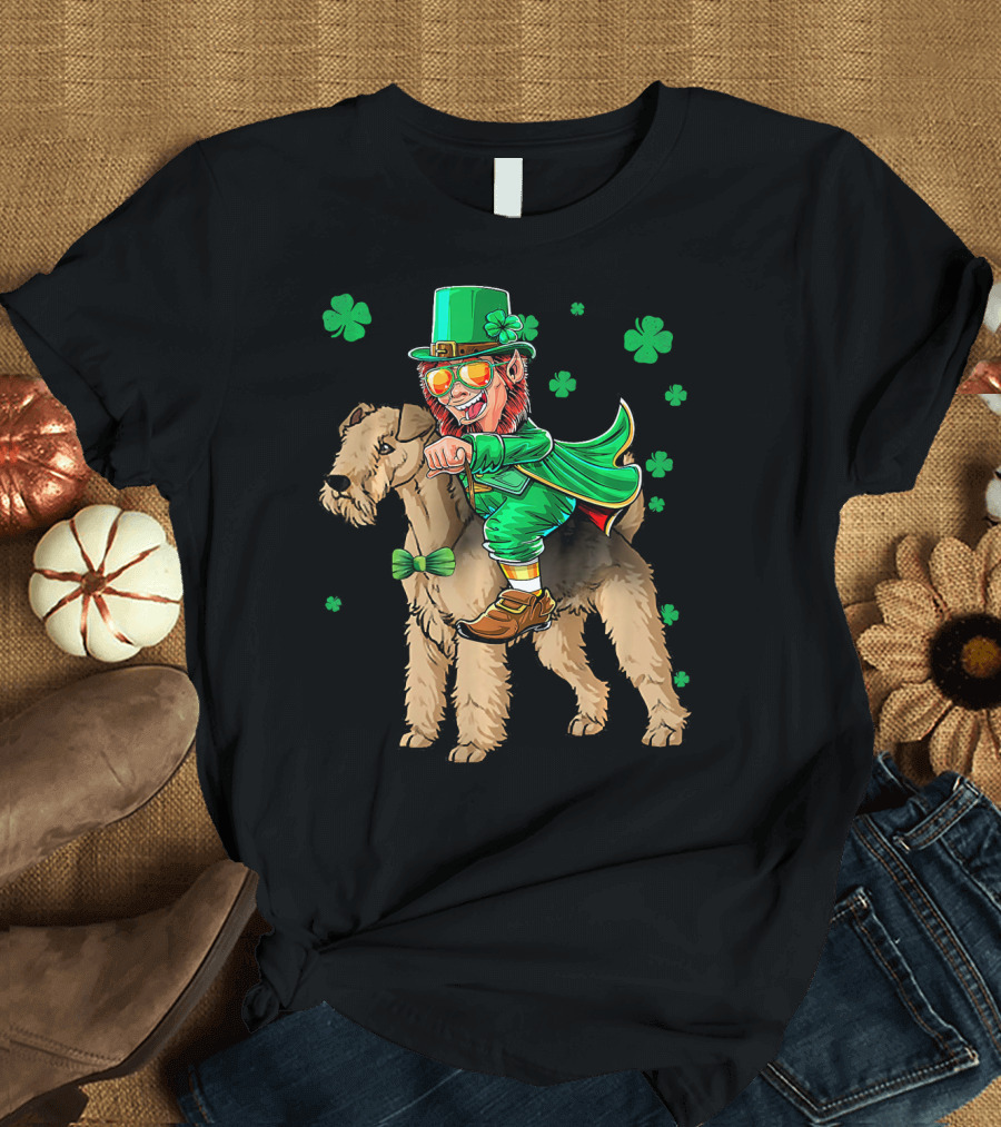 Leprechaun Lakeland Terrier Shamrock Celebration with Green Hat and Bow Tie T-Shirt