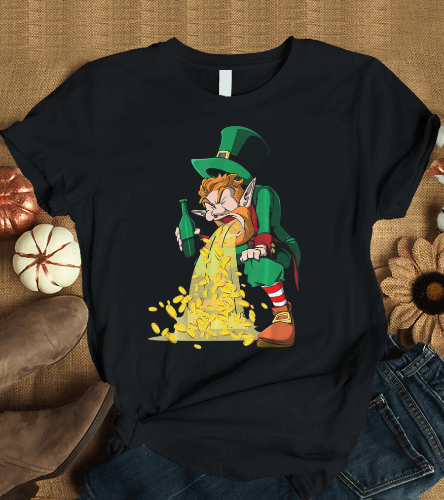 Funny St Patricks Day Puking Leprechaun with Beer and Gold Coins T-Shirt