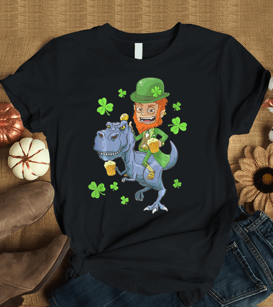 Leprechaun Irish Riding T-Rex Dinosaur with Shamrocks and Beer T-Shirt