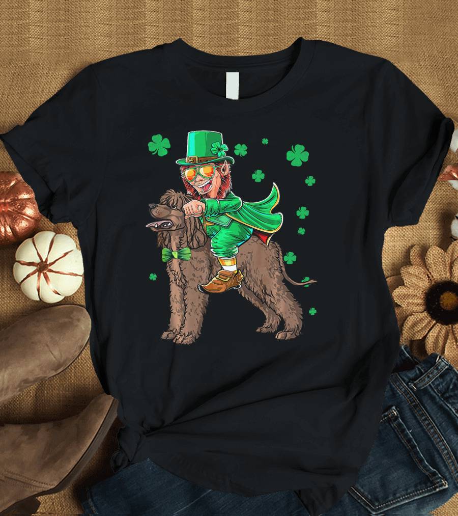 Leprechaun Riding Irish Water Spaniel with Shamrocks T-Shirt
