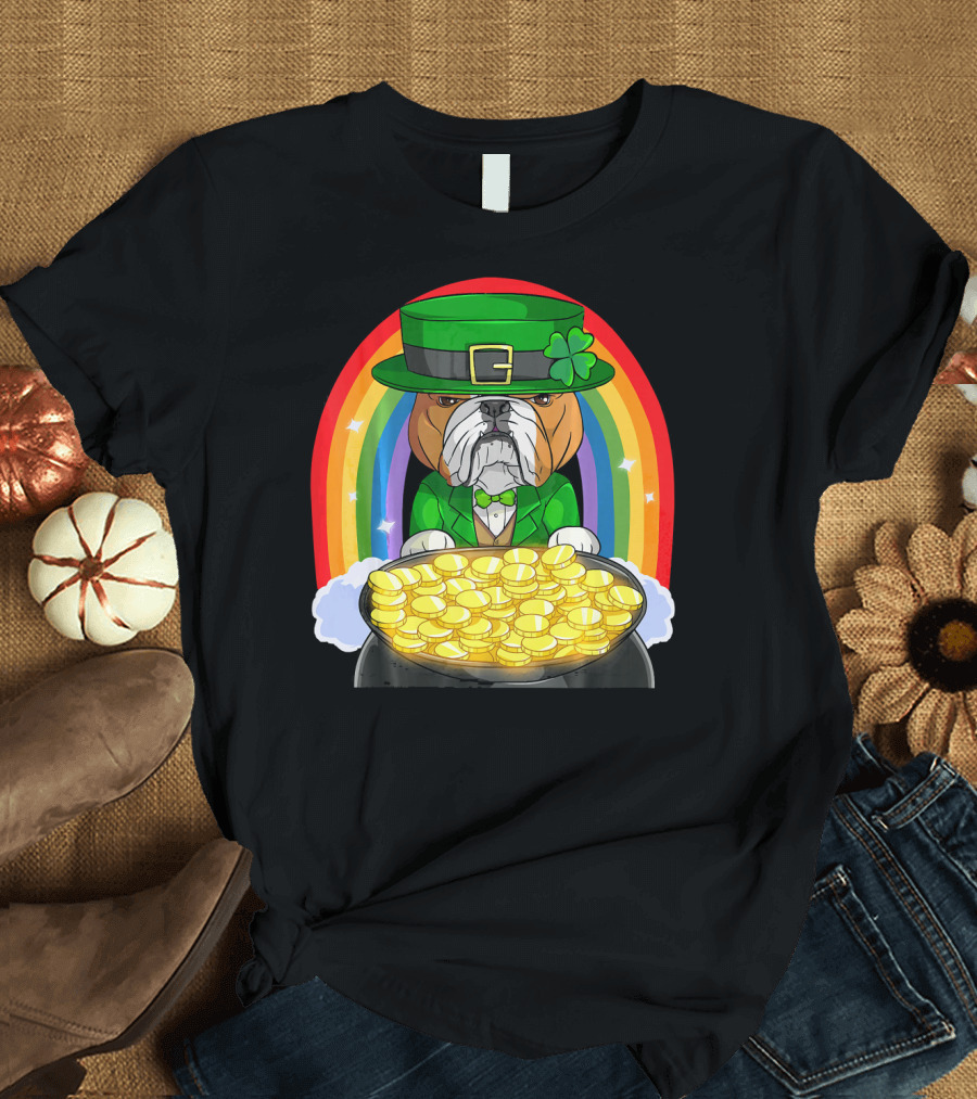 English Bulldog St Patricks Day Leprechaun Pot of Gold Rainbow T-Shirt