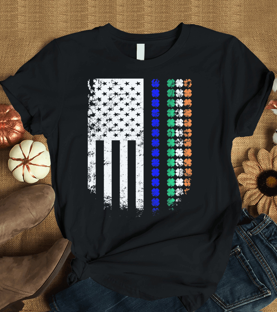 American Flag Irish Police Officer Shamrock Line T-Shirt