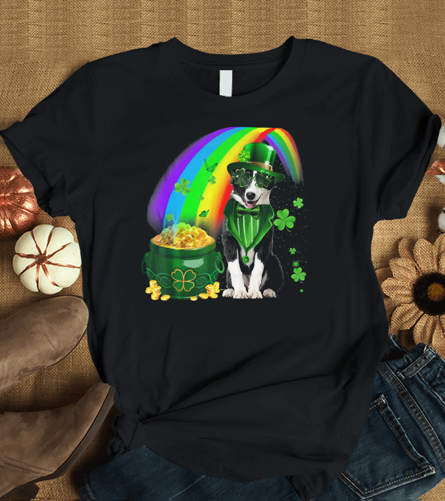 Border Collie Irish Leprechaun with Rainbow and Pot of Gold Coins T-Shirt