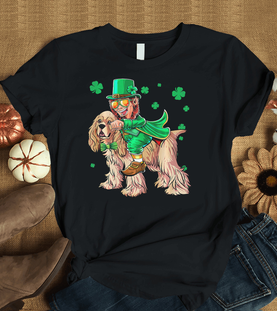 Leprechaun Riding Cocker Spaniel with Shamrocks T-Shirt