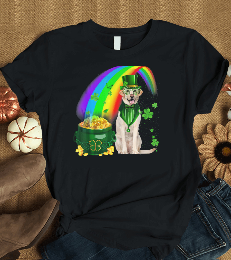Labrador Dog Leprechaun with Rainbow Coins and Shamrock Saint Patrick's Day Irish Charm T-Shirt
