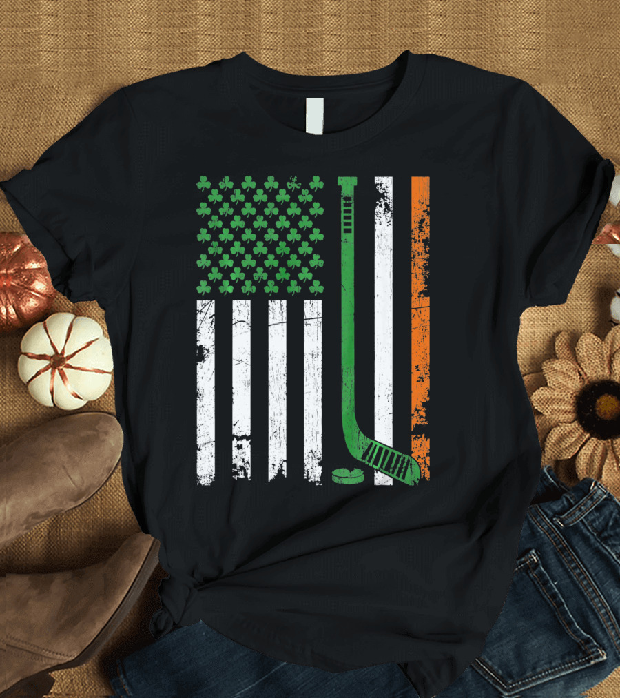 Irish American Flag Shamrock Hockey Stick T-Shirt