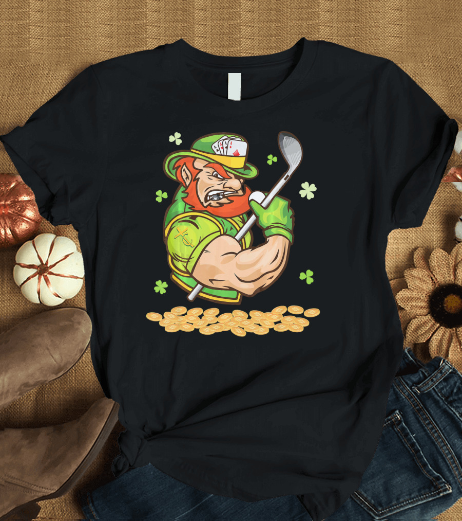 Leprechaun Swinging Golf Club Surrounded by Shamrocks and Gold Coins T-Shirt