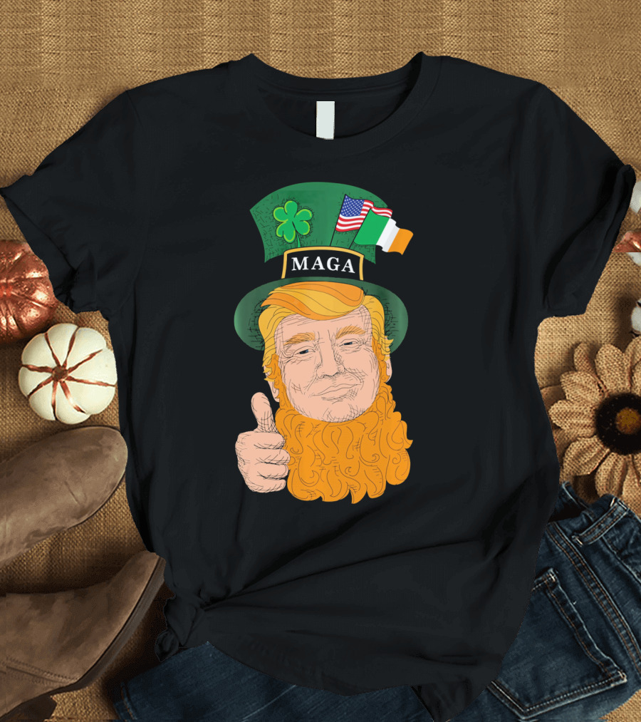 MAGA Trump Leprechaun St. Patrick's Day with American and Irish Flags T-Shirt