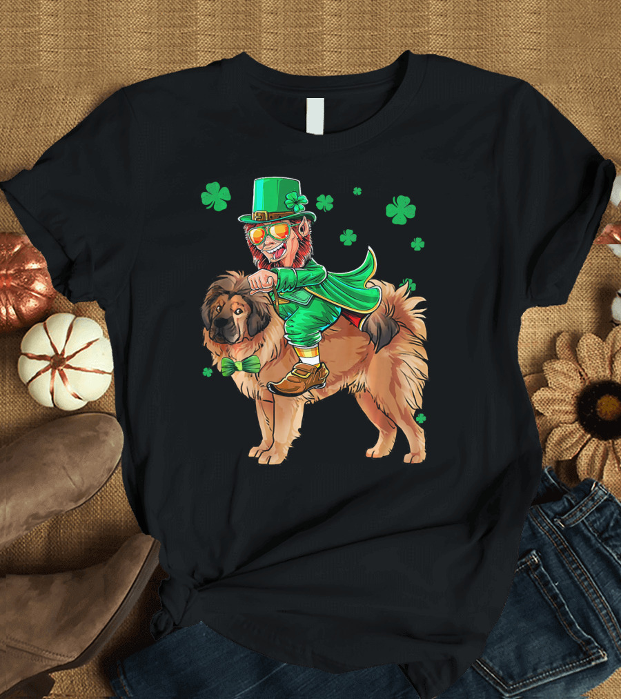 Leprechaun Riding Tibetan Mastiff with Shamrocks T-Shirt
