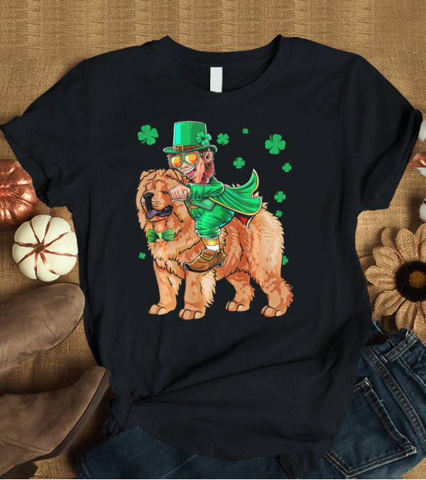 T-Shirt: Leprechaun Riding Chow Chow with Shamrocks St. Patrick's Day T-Shirt Leprechaun Riding Chow Chow with Shamrocks St. Patrick's Day T-Shirt