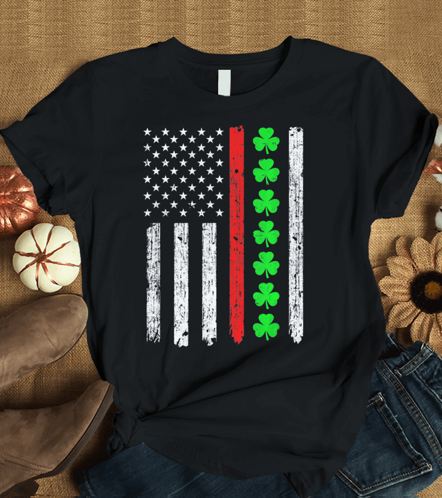 American Flag Thin Red Line Shamrock Irish St Patricks T-Shirt