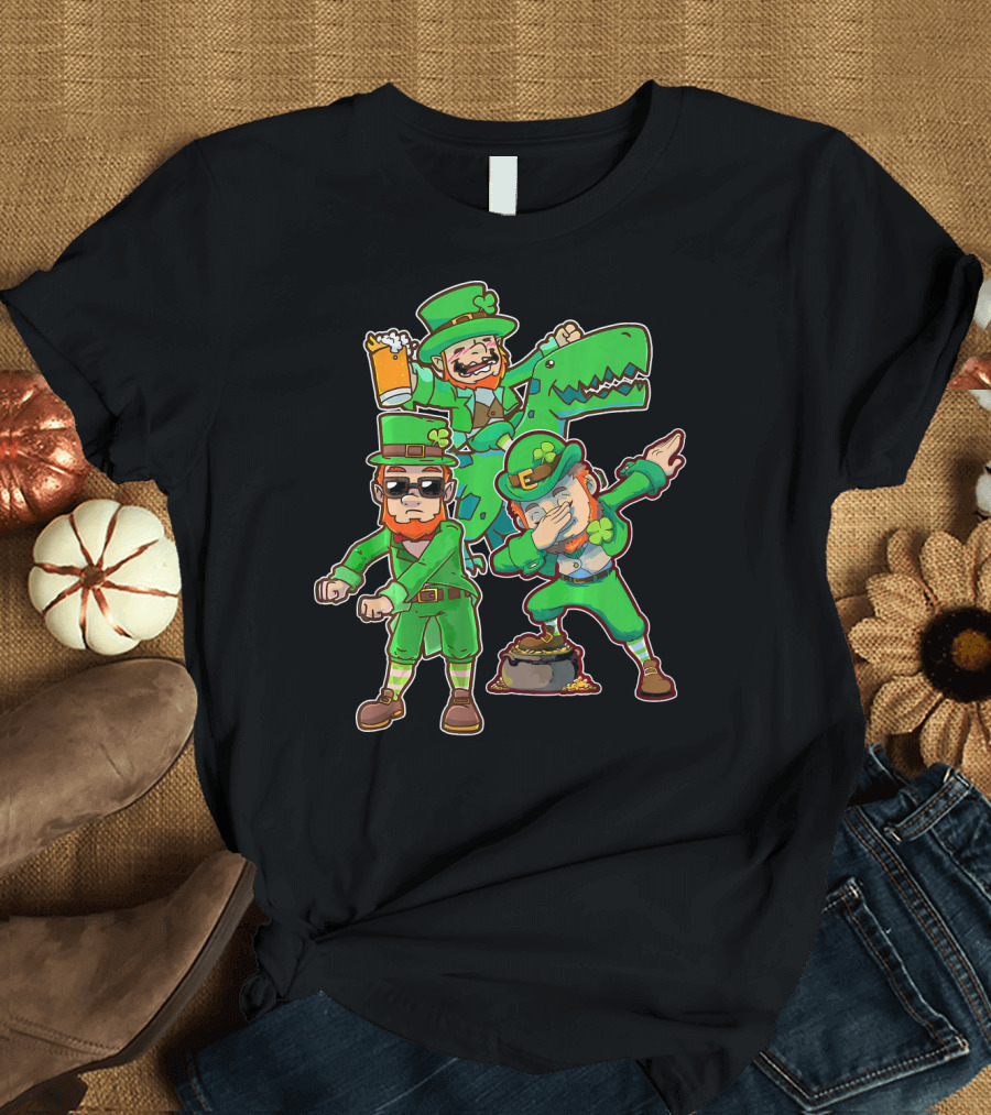 Dabbing Leprechaun Flossing Dinosaur Beer Pot of Gold T-Shirt