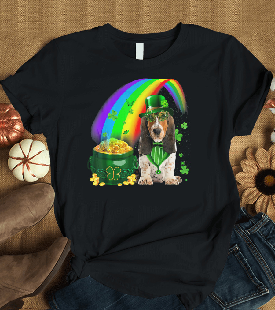 Basset Hound with Leprechaun Hat Rainbow and Pot of Gold T-Shirt