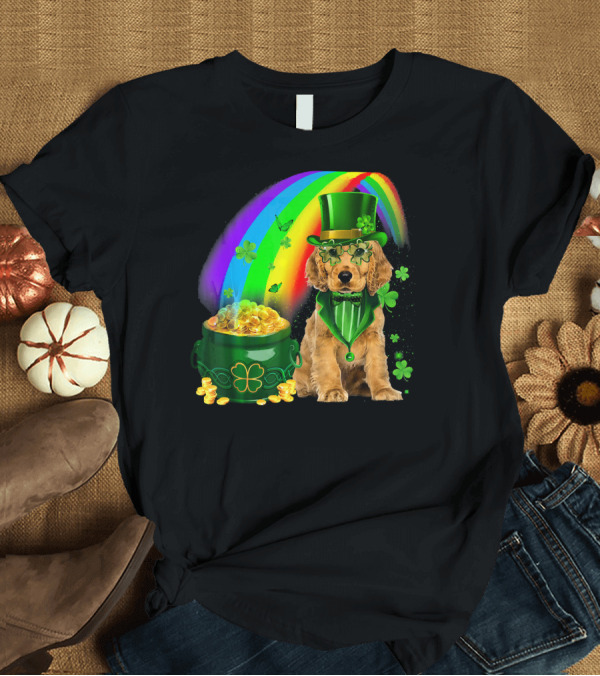 T-Shirt: Cocker Spaniel Dog Wearing Irish Leprechaun Hat with Gold Coins and Rainbow T-Shirt Cocker Spaniel Dog Wearing Irish Leprechaun Hat with Gold Coins and Rainbow T-Shirt