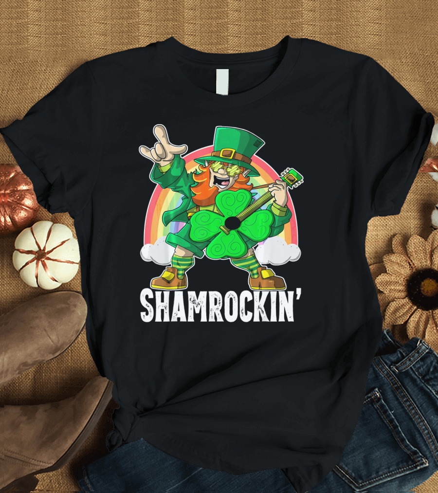 Shamrockin' Leprechaun Rainbow Guitar T-Shirt