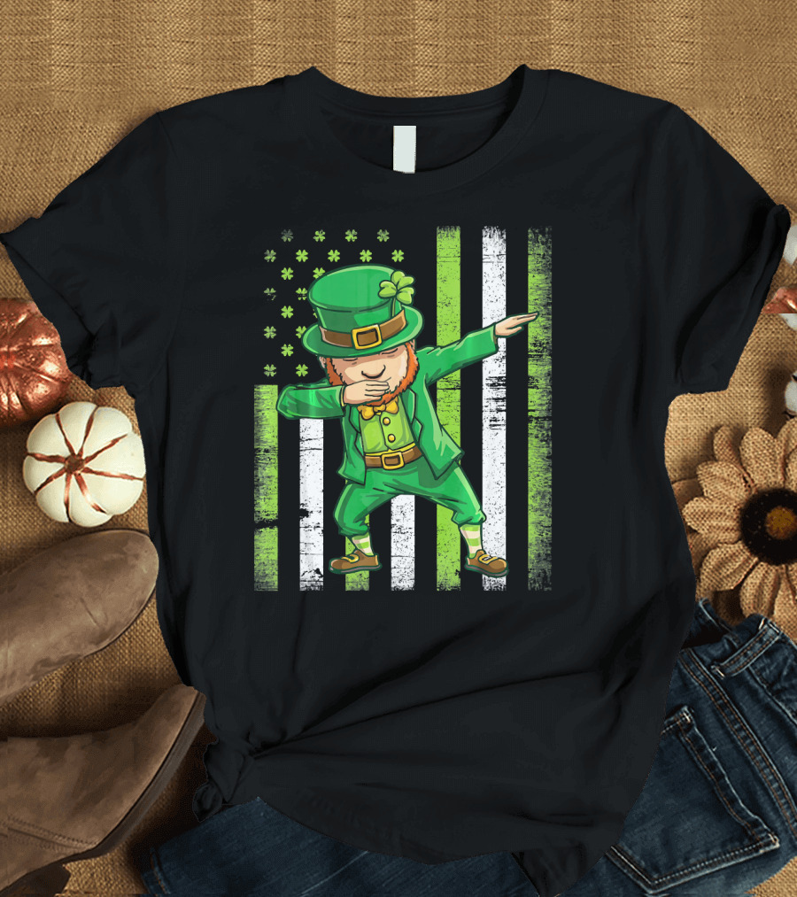 Leprechaun Dabbing with Shamrock Irish Flag Stripes T-Shirt