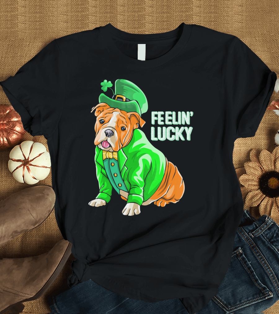 Feelin' Lucky Bulldog in Green Leprechaun T-Shirt