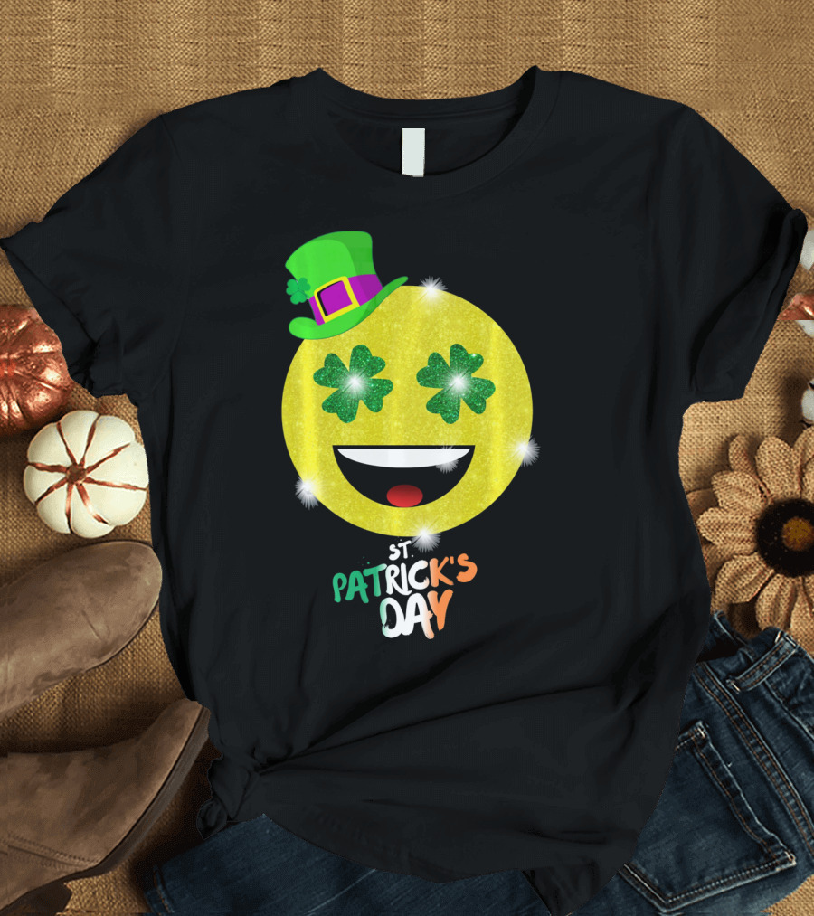 St. Patrick's Day Emoji with Green Hat and Shamrock Eyes T-Shirt