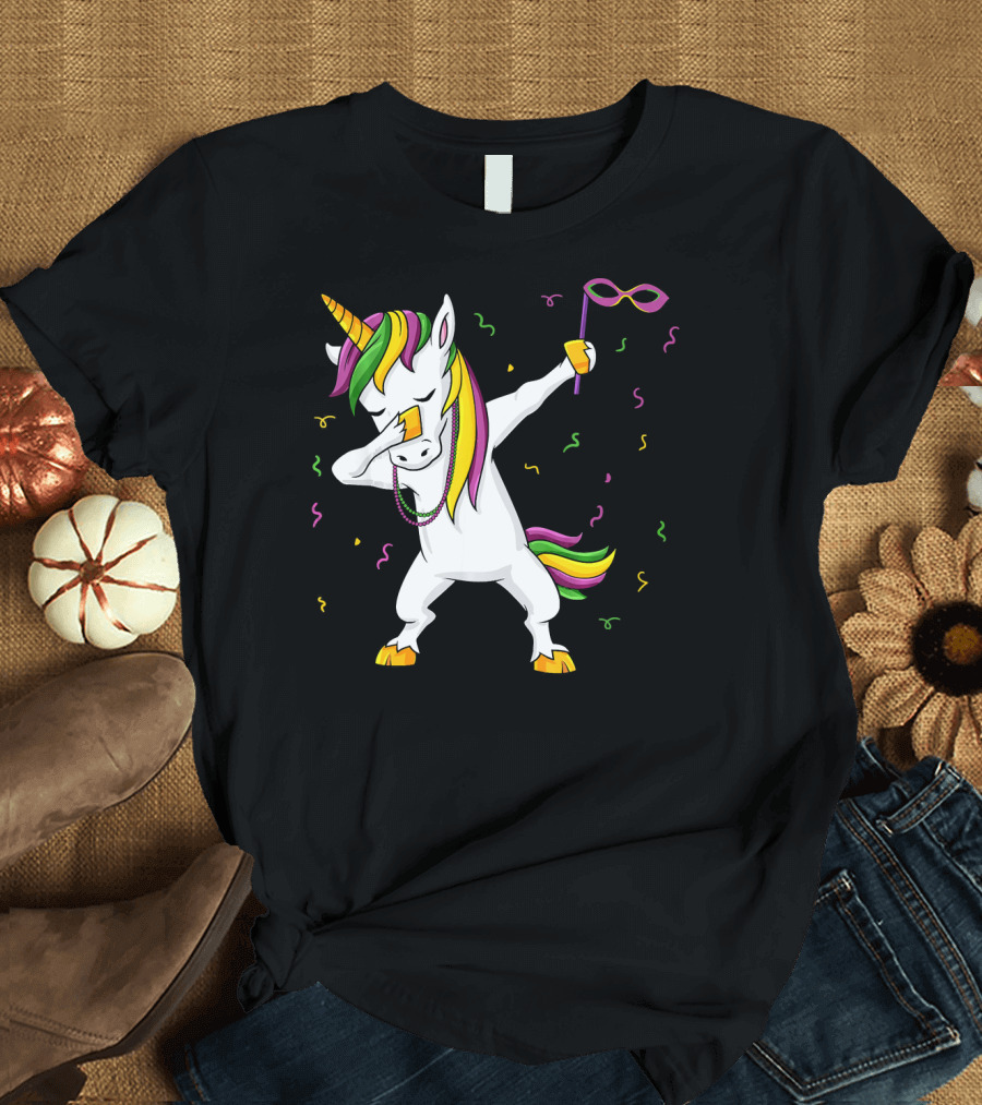 Dabbing Unicorn Mardi Gras Mask Colorful Fun Girls T-Shirt