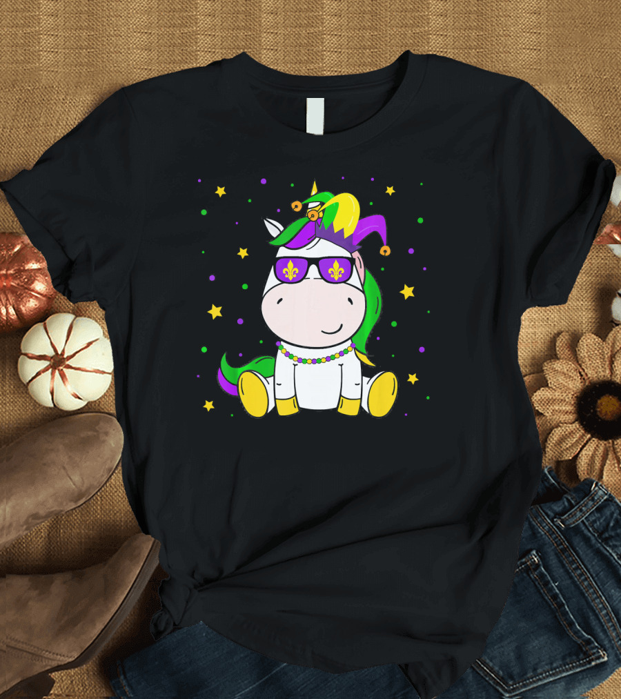Mardi Gras Unicorn Kids Carnival Festival Jester Fleur-De-Lis Beads T-Shirt