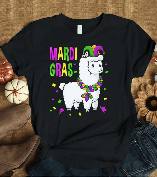 T-Shirt: Mardi Gras Llama Jester New Orleans Beads Confetti T-Shirt Mardi Gras Llama Jester New Orleans Beads Confetti T-Shirt